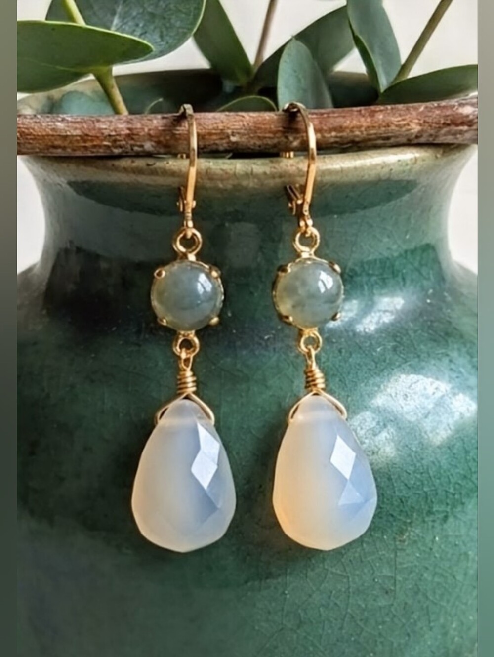 Natural Green Jade In Large Drop Gold Plated Earrings